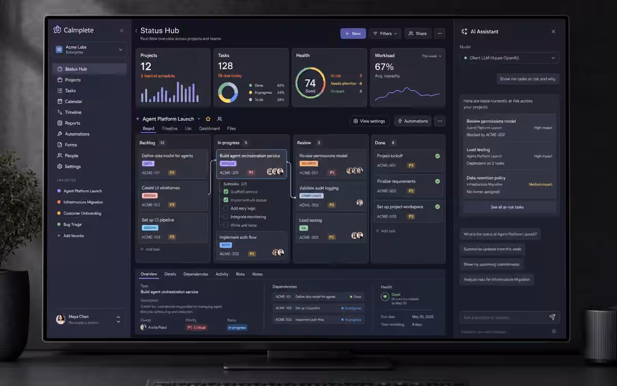 A Calmplete task and project management interface with a status hub, board, dependencies and an AI assistant.