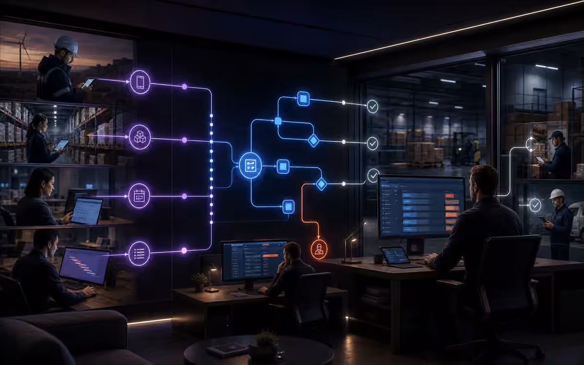 An operations workflow routing field, inventory and project updates through approvals and exception handling.