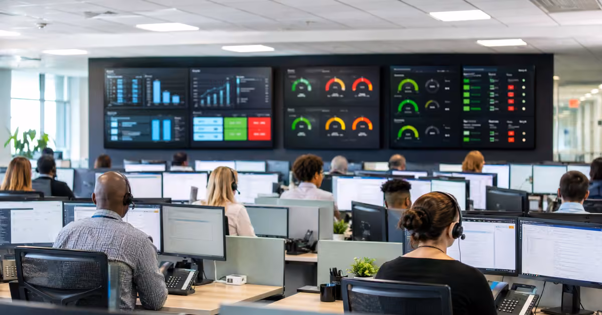 Customer support center with a large multi-metric operations wallboard.