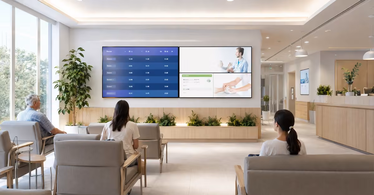 Bright healthcare waiting room with an anonymous queue and information display.