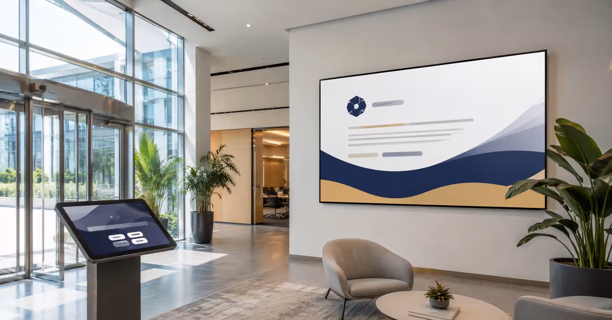 Modern corporate lobby with a large branded information display and kiosk.