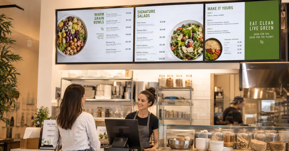 Restaurant counter with a coordinated row of digital menu boards.