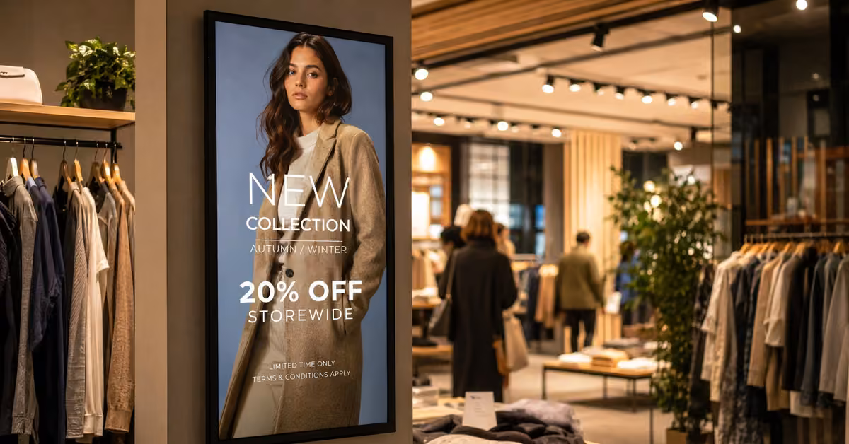 Portrait promotional display inside a contemporary clothing store.