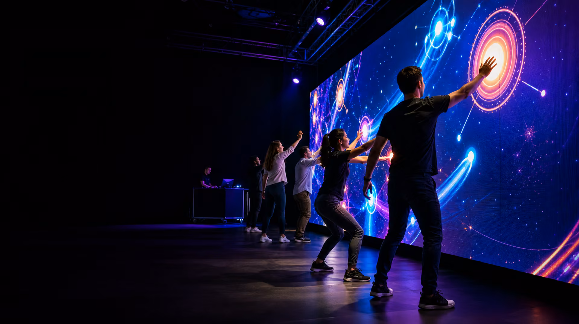 Guests physically playing a responsive game across a large LED wall at a live event.