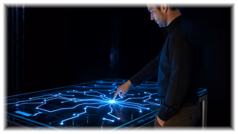A visitor completes a blue circuit by touching a responsive glass interface.