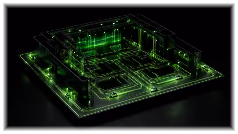 A miniature event room mapped with green paths between stage, audience and control areas.