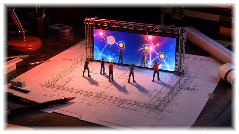 A red technical blueprint rises into a working interactive LED-wall game.
