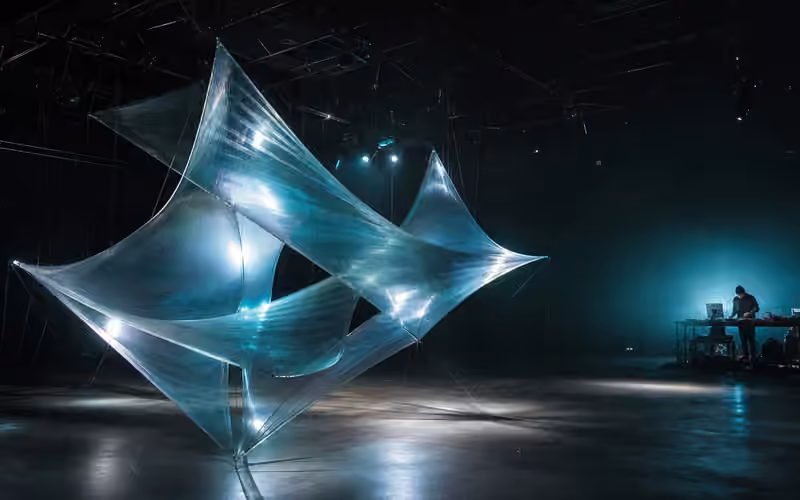 A suspended translucent kinetic light sculpture being tested in a dark artist studio.