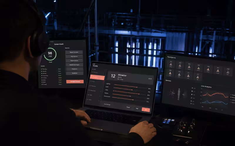 An event operator using a bespoke multi-screen control system for cues, sensors and live analytics.